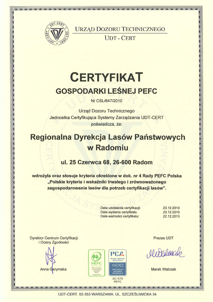 Certyfikat&#x20;PEFC&#x20;przyznany&#x20;RDLP&#x20;w&#x20;Radomiu&#x20;2011&#x20;roku&#x20;jako&#x20;pierwszej&#x20;w&#x20;Polsce