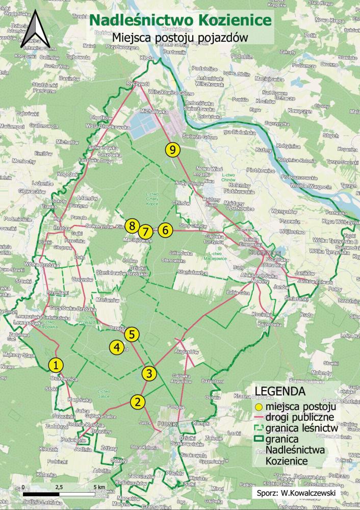 Mapa&#x20;miejsc&#x20;postoju&#x20;na&#x20;terenie&#x20;Nadleśnictwa&#x20;Kozienice